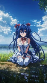 Blue haired anime girl in frilled white dress by lakeside meadow