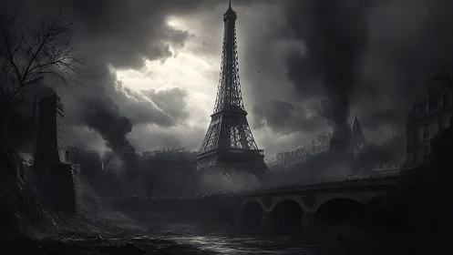 Storm-dark Paris skyline with brooding Eiffel Tower glow.