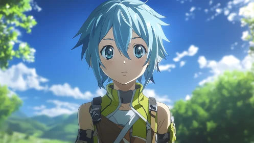 Gentle blue haired adventurer under a bright summer sky.