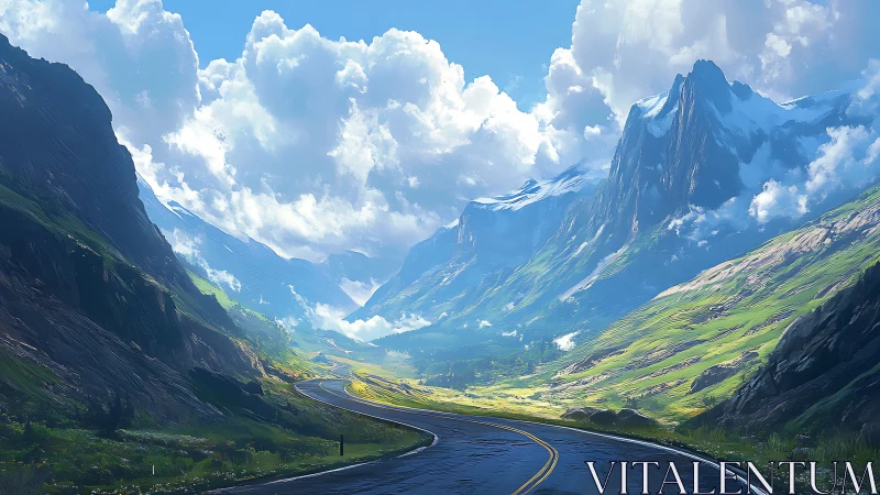 Mountain highway curving through bright green valley landscape.