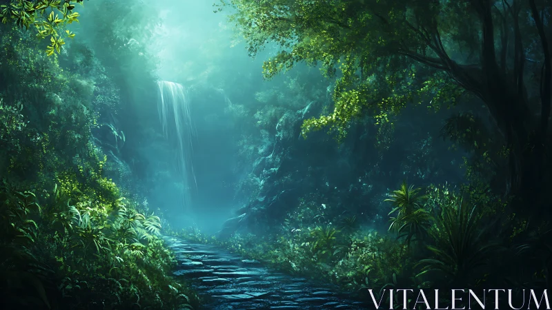 Luminous forest ravine with cascading waterfall and layered vegetation.