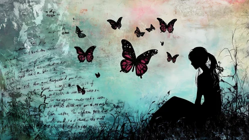 Silhouette of seated girl with butterflies and script overlay.