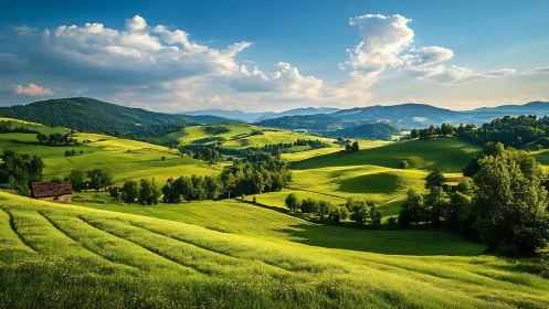 Photorealistic rolling hills with layered agrarian terraces.