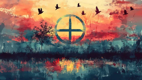 Circular cross symbol over abstract sunset landscape scene.