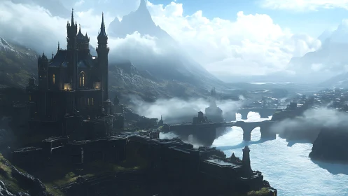 Gothic riverside citadel in panoramic fantasy valley vista.
