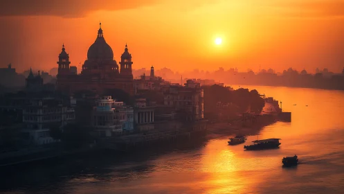 Sunrise haze turns riverside domes into drifting embers of stone