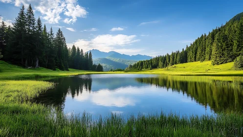 Whispering pine valley mirrored in a sunlit mountain lake.