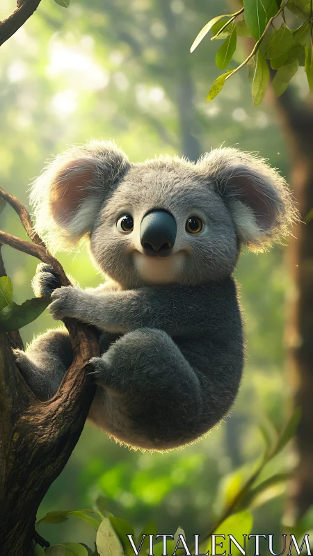 Curious koala cuddles a forest branch in soft golden light