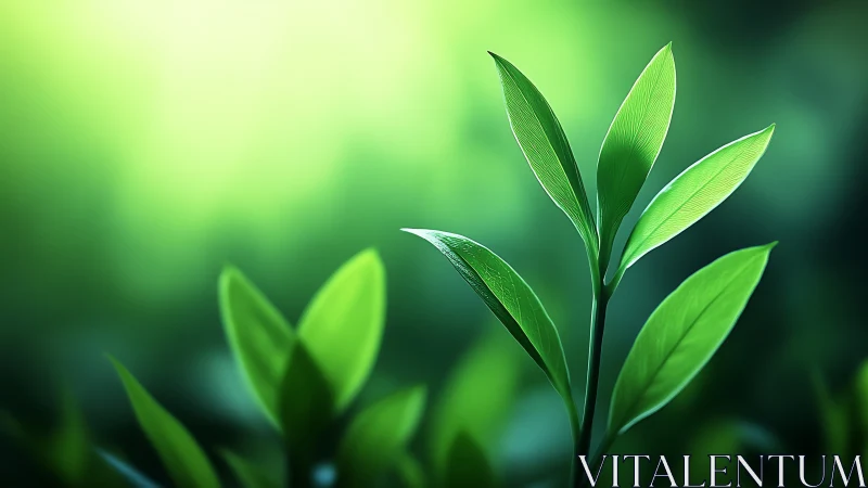 Macro study isolates fresh green leaves in luminous bokeh field