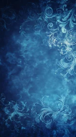 Frost arabesques drift like underwater constellations in blue