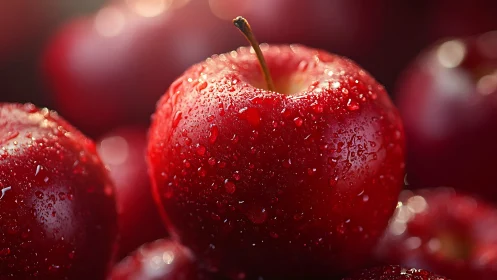 Macro study isolates dewy red apple with shallow focus lighting