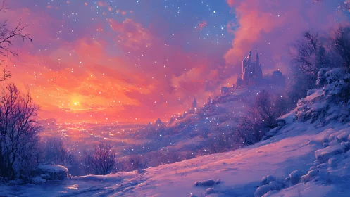 Snowy hilltop castle glowing under a soft winter sunset.