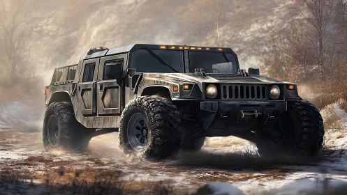 Off-road utility vehicle on muddy winter forest track.