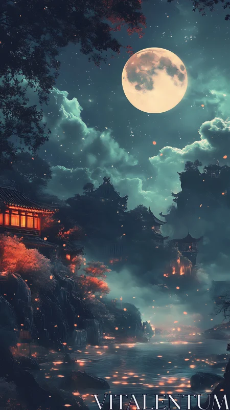 Moonlit mountain village glowing with soft lantern light.