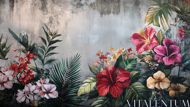 Lush hibiscus garden mural on weathered grey wall background.
