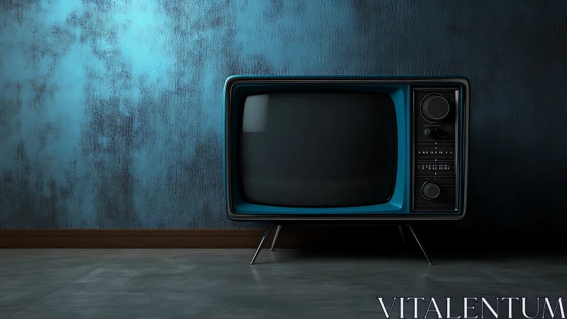 Vintage CRT television stands against textured blue wall