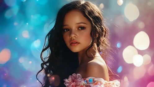 Digital portrait girl in glowing bokeh fantasy light.