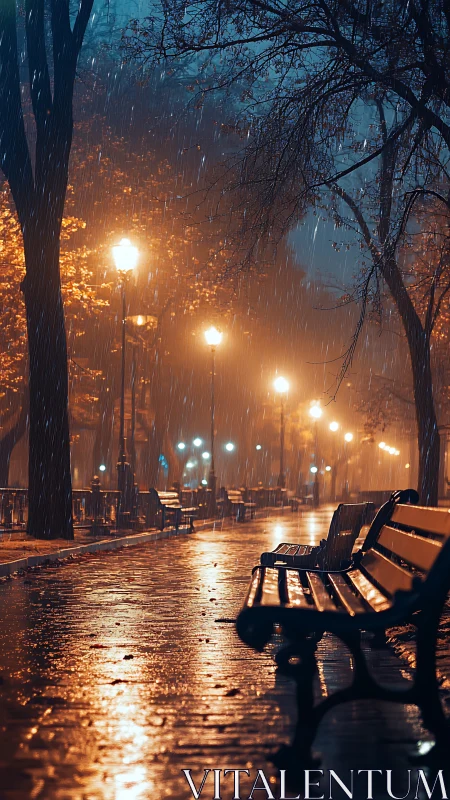 Glistening park benches welcome quiet walks in the rain