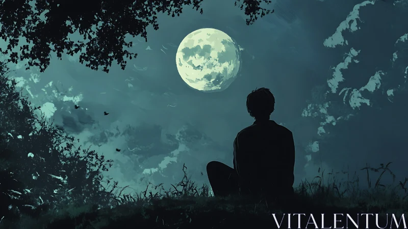 Solitary figure contemplates a luminous full moon in silence.