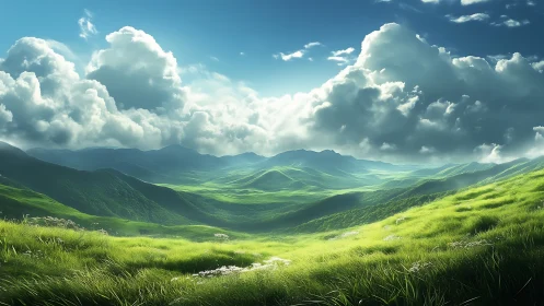 Volumetric clouds over luminant procedural grass valleys.