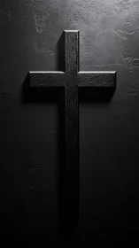 Textured black wooden cross on matte dark concrete wall.
