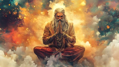 Mystic sage levitates in clouds amid glowing cosmic nebula