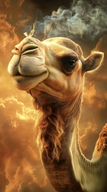 Camel portrait with cigarette against illuminated cloudscape.