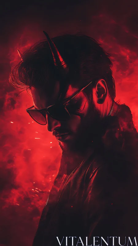 Horned man in red neon haze wearing sunglasses portrait.