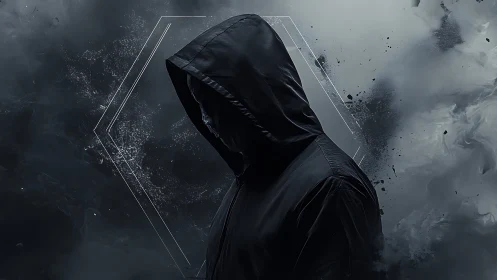 Shadowed hooded figure dissolves into crystalline storm