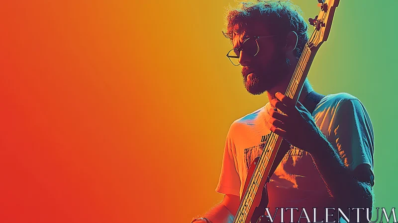 Neon sunburst bassist carved in rainbow stage light glow.