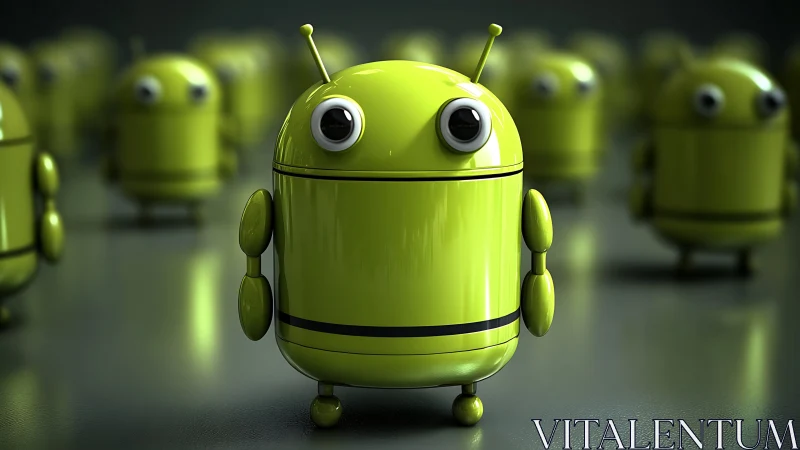 Green robot figure stands in focus before blurred robots