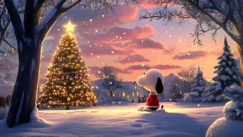 Cartoon dog watches lit Christmas tree in snowy sunset yard.