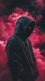 Hooded phantom in crimson fog with neon ember eyes.