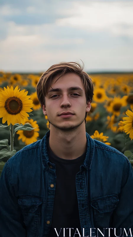 Young man framed by vibrant sunflowers in moody daylight.
