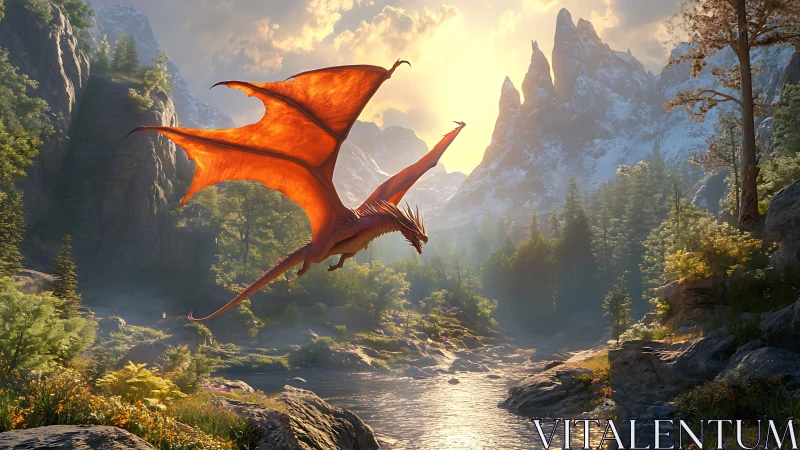 Sunlit red dragon glides above alpine river in volumetric haze