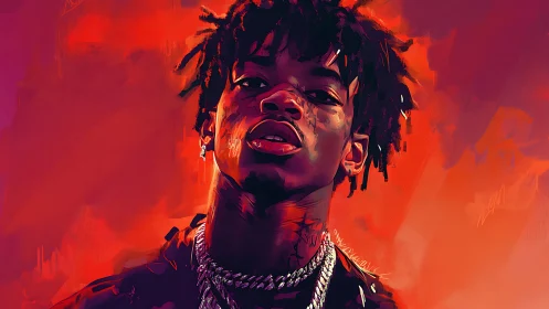 Chromatic rap portrait under high-intensity vermilion field.