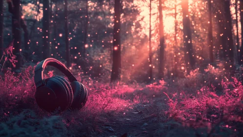 Headphones humming softly in a pink forest of falling light.