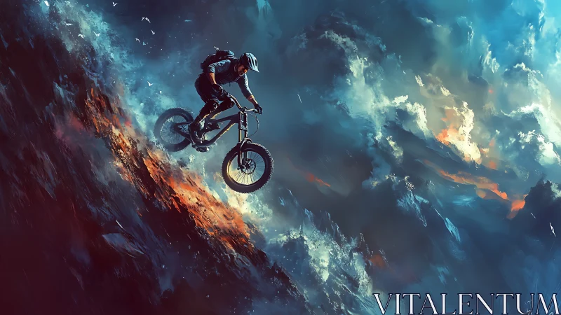 Mountain Biker Soaring Through Dramatic Storm Clouds