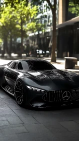 Sleek black supercar gliding through a sunlit city street.