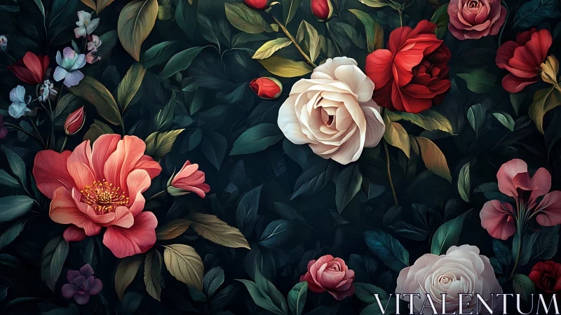 Layered Floral Composition with Red Dahlias, Cream Roses Against Dark Background