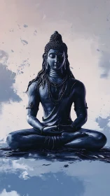 Seated meditative deity statue in monochrome digital rendering.