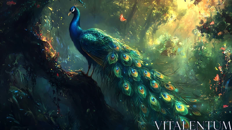 Majestic peacock in enchanted forest, digital fantasy art style.