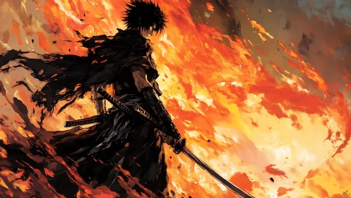 Backlit swordsman silhouette cuts through painterly inferno field