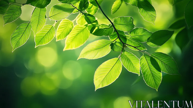 Sunlit Green Leaves on a Tree Branch, Nature Photography Style.