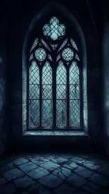 Gothic stone chamber with cold stained glass window glow.