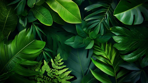 Lush layered tropical leaves in rich overlapping greens.