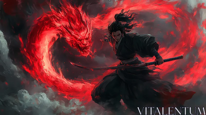 Crimson spirit dragon encircling lone samurai in stormfire duel.
