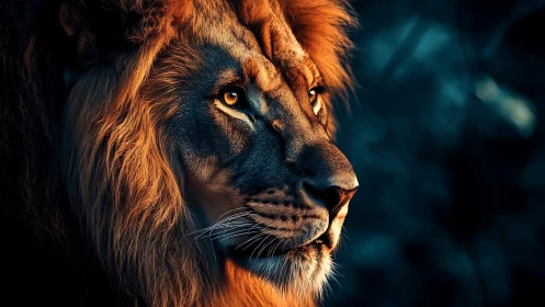 Majestic lion portrait with golden mane in deep shadow.