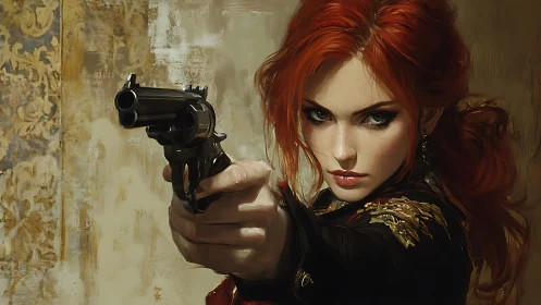 Red-haired pistol wielder locks intense gaze on viewer