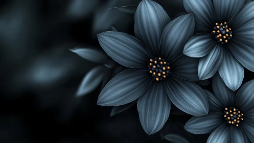 Three Blue-Petaled Flowers with Golden Centers on Dark Background